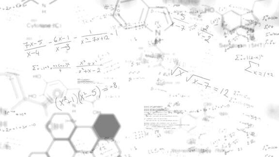 化学元素在数学方程式上的动画漂浮在白色的背景上