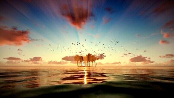 被水隔绝的热带岛屿日出时海鸥飞翔