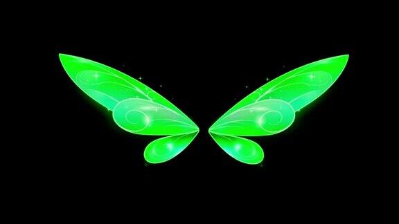 动画绿色蝴蝶翅膀幻想风格上的黑色背景