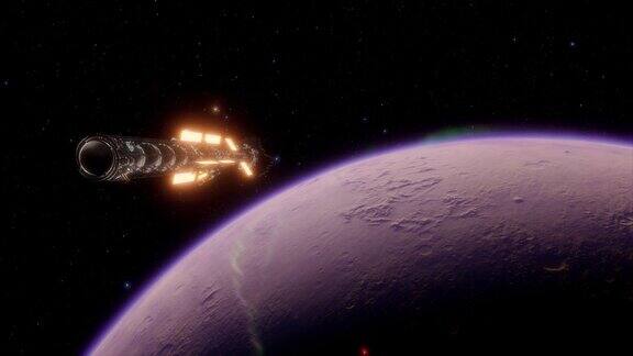 在另一个太阳系的外行星轨道上的巨大宇宙飞船太空中行星的三维动画