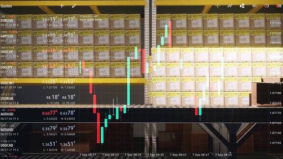 覆盖屏上股票市场的烛台图变化与波动价格全球经济与通货膨胀