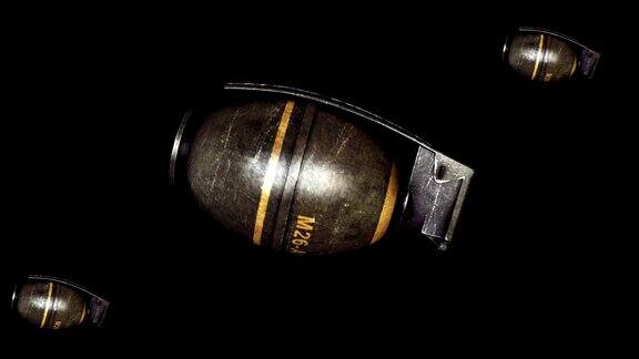 手榴弹黑色背景上的手榴弹动画旋转手榴弹孤立在黑色背景