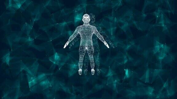 抽象的人类形体3D动画的男性半机械人的数字背景与控制粒子