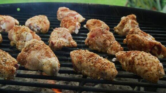 鸡翅在户外烧烤架上烹饪一个人用盐给它们调味