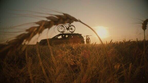 车顶上的自行车沿着麦田落下日落