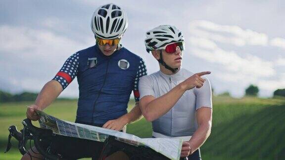 两个年轻的骑自行车的人在乡间为他们的自行车旅行选择方向