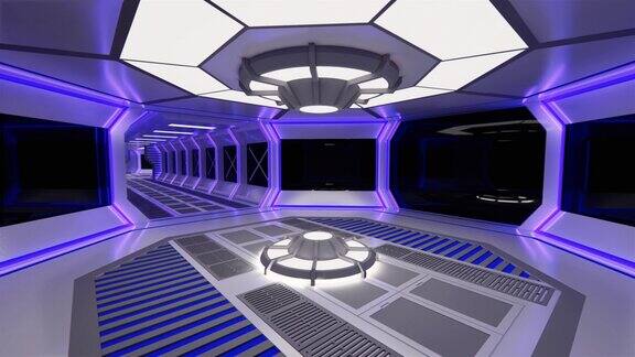 3D电脑游戏科幻小说飞船内部发光霓虹灯未来走廊在空间站与圆形背景三维渲染