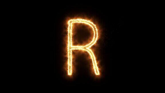 “R”代表燃烧的火焰燃烧燃烧字体或篝火字母文本与炙热的火焰闪耀的热效应3d渲染
