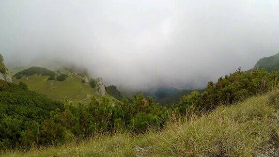 漂浮的雾时间流逝在美丽的风景与绿色的森林和山谷