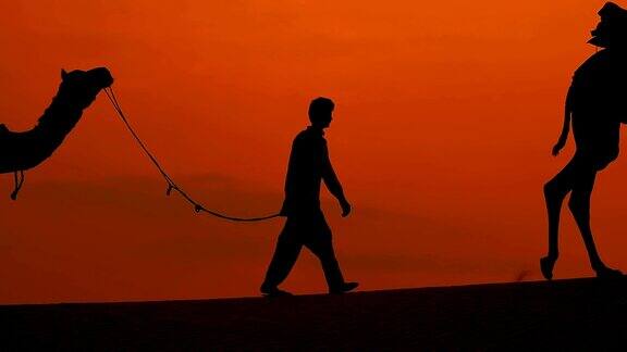 慢镜头里骑骆驼的人和骑骆驼的人印度拉贾斯坦邦贾伊萨默尔夕阳下的塔尔沙漠