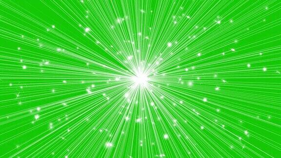 闪亮的闪光粒子和光射线运动图形与绿色屏幕背景