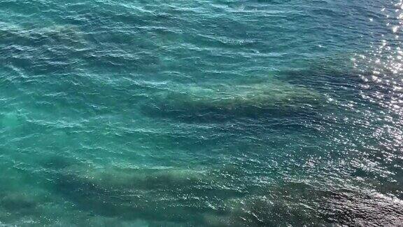 美丽的绿松石海景波光粼粼的清澈海水海水表面的波浪在阳光下闪闪发光
