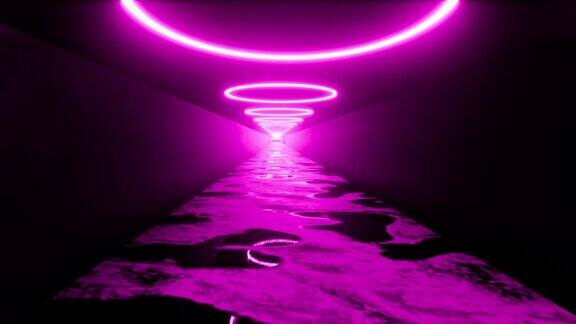 霓虹隧道粉色圆灯技术明亮的现代房间4k