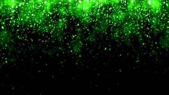 美丽的闪光灯光背景背景与绿色下落粒子明亮的五彩纸屑和神奇的光无缝循环