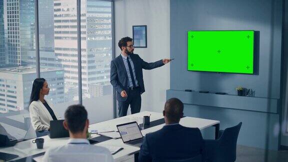 办公室会议室会议介绍:商务洽谈采用绿屏色度键墙电视成功向多民族投资者展示产品电子商务战略