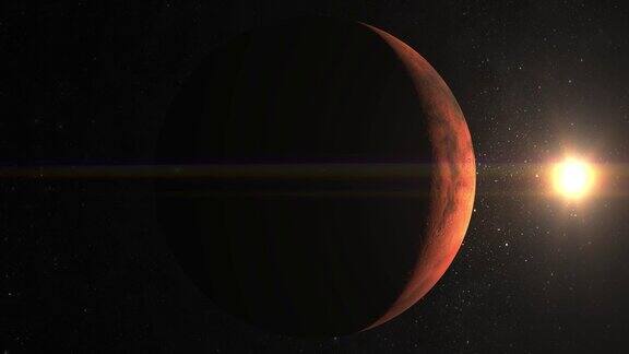 来自太空的火星照相机环绕火星飞行太阳在画框里从空间星星闪烁4k太阳在右边