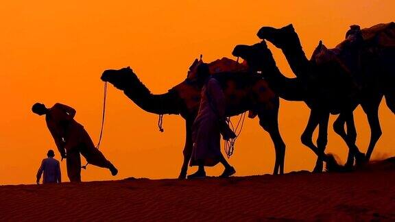 日落时骑骆驼的人和骑骆驼的人印度拉贾斯坦邦贾伊萨默尔夕阳下的塔尔沙漠