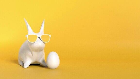 现代复活节兔子戴着一副白色复活节彩蛋在黄色背景4K分辨率的眼镜