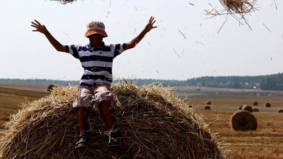 男孩在干草地上的草堆上抛起农村的男孩