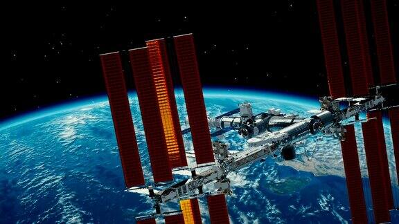 国际空间站围绕地球大气层旋转环绕地球的空间站3D动画