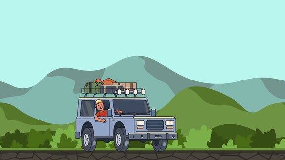 动画车与行李在屋顶和微笑的人在方向盘后面通过绿色山谷移动车辆在丘陵景观背景平面动画