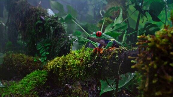 红眼树蛙静静地坐在多雨的丛林里
