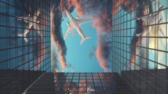 飞机飞过商业摩天大楼对日落的云美丽的3d动画4k超高清反射旅行飞行