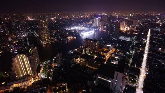 泰国曼谷城市景观夜光河湾屋顶全景4k时间流逝