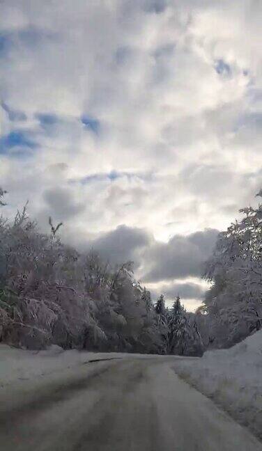 驾车穿过雪原森林