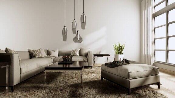现代风格的客厅白色墙壁的木地板和沙发扶手椅的地毯三维渲染