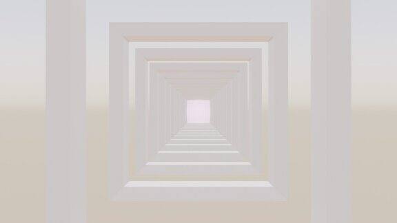 未来的白色方形隧道与明亮的灯光3d渲染动画