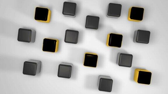 金色和黑色方块在白色背景上旋转3D渲染无缝循环动画素材