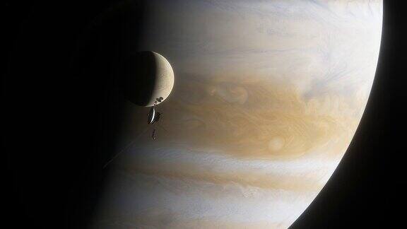 冰卫星欧罗巴位于巨大的气体行星木星的背景上木星上的大红斑木星的动画
