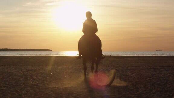 海滩上骑着马的年轻骑手向夕阳走去的剪影后视图