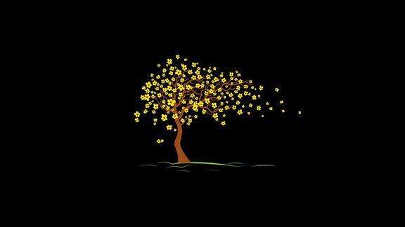 花树生长和树叶飞行图标循环动画视频透明背景与alpha频道