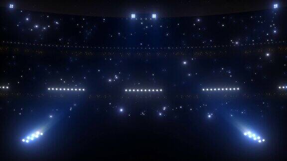 体育场泛光灯蓝色的闪亮的灯开着又关着