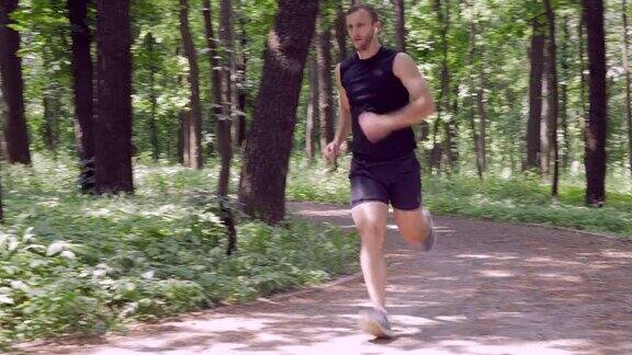 决心和专注的运动员在森林中跑步