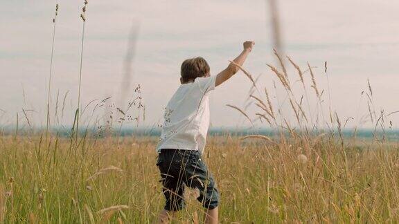 无忧无虑的男孩跳跃在田园诗般的乡村田野