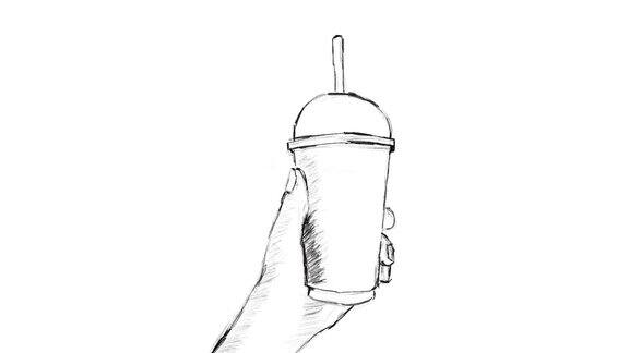 手绘动画卡通速写人的手拿着冰咖啡杯