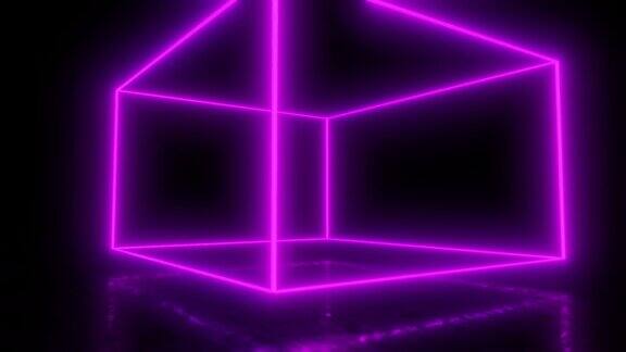 抽象几何技术的霓虹灯发光形状霓虹灯线立方体线框透视未来镜头数字3d无缝循环旋转发光的粉色霓虹灯立方体
