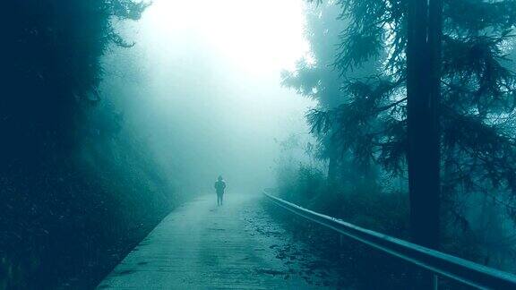 一个年轻女子孤独地走在雾蒙蒙的路上