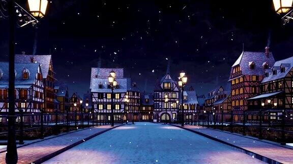 舒适的中世纪欧洲小镇在雪夜