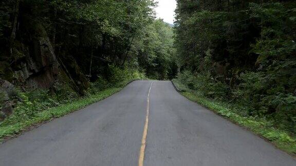 4K视频的汽车驾驶在山区森林道路魁北克加拿大