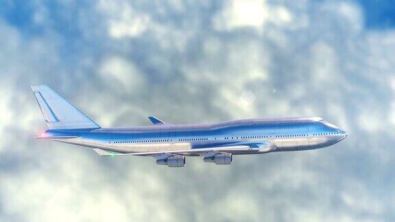 带导航灯的大型客机在云层中飞行