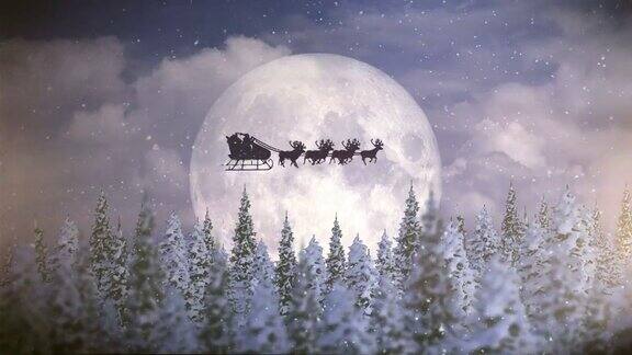 圣诞老人带着驯鹿飞过月亮