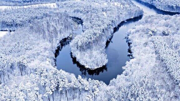 河流和白雪覆盖的森林鸟瞰野生动物波兰