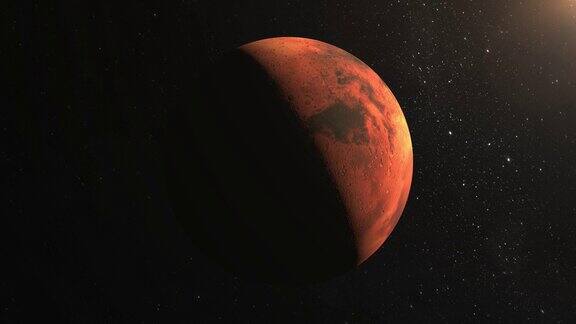 火星照相机正在接近行星从空间星星闪烁4k太阳从右上方照射过来火星被太阳照亮了一半