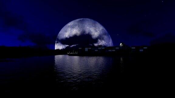 美丽的大月亮下的货船