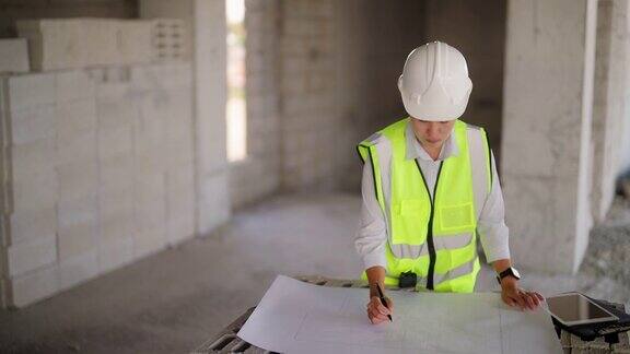年轻的女工程师在建筑工地设计图纸