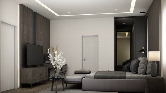 公寓的室内设计采用了暗色调和简约风格深色的木质材料和灰色的软垫家具大窗户和透明窗帘卧室3d渲染